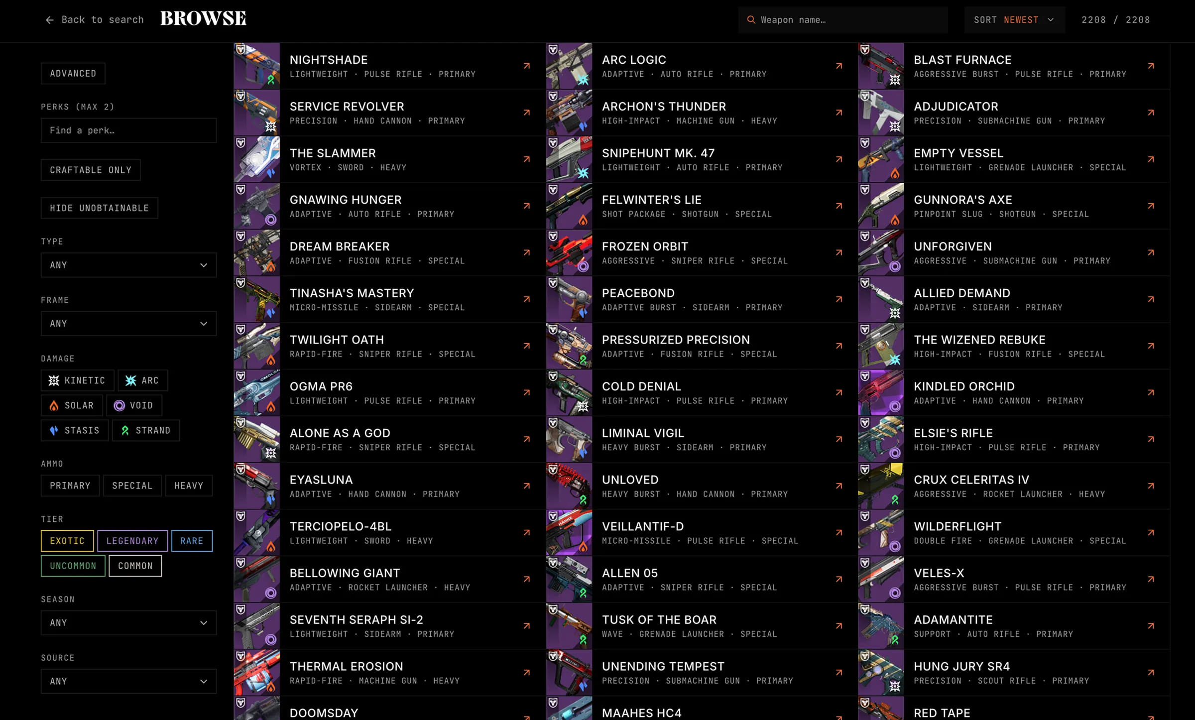 The browse view listing all 2,208 weapons with filters for perks, type, damage, ammo and tier
