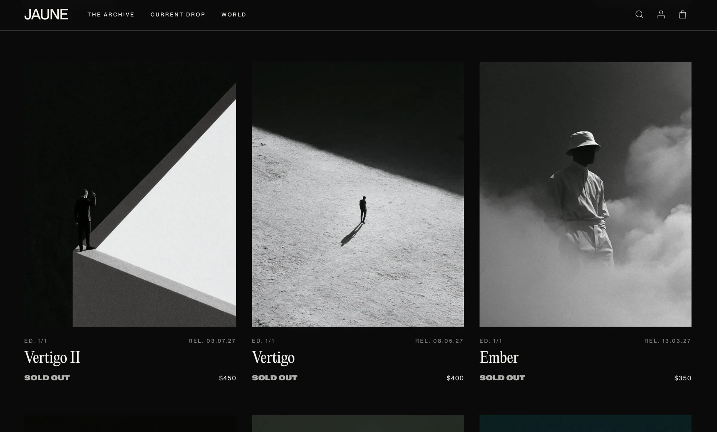 The archive grid, numbered 1/1 editions marked sold out at rising prices